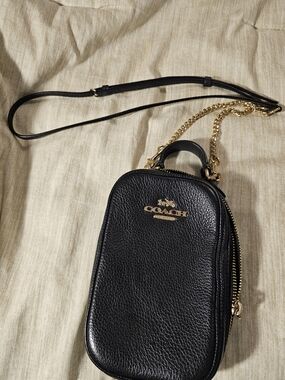 Coach Black Pebbled Leather Crossbody Bag with Gold Chain